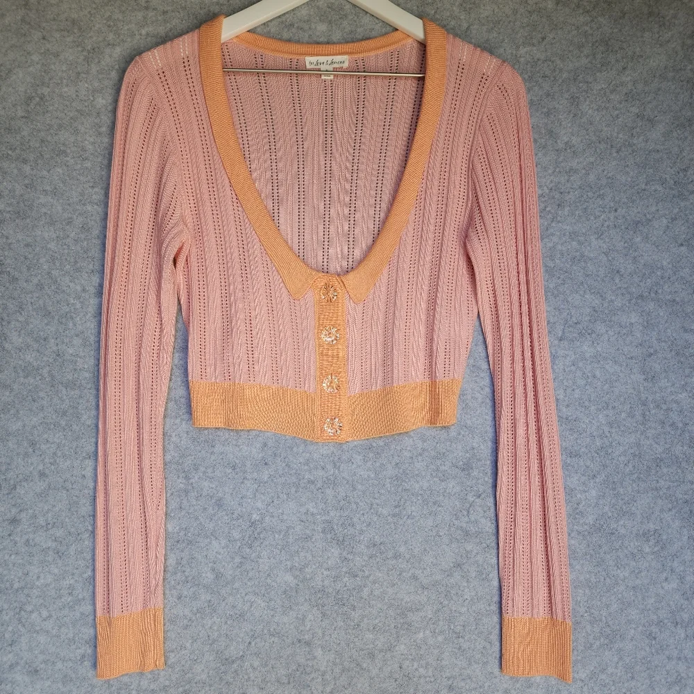 For Love & Lemons Phoebe Pointelle Cropped Cardigan in Apricot - Picture 2 of 9